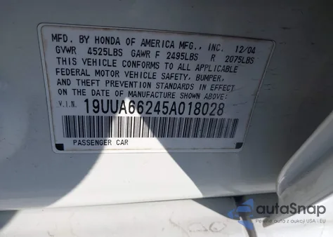 2005 Acura Tl из США, поврежденный, VIN 19UUA66245A018028